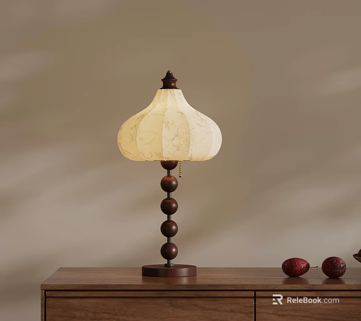 Chinese Style Table Lamp Featuring Beige Patterned Lampshade Wooden Bead Column And Red Decor 3d model 