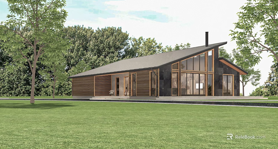 Modern Detached House Exterior With Wooden Walls Large Windows Metal Roof And Green Lawn 3d model 