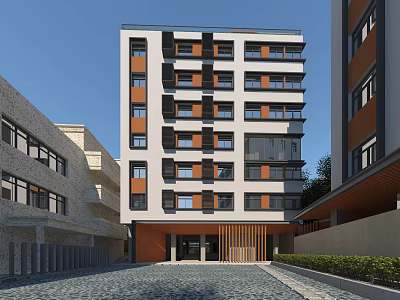 Modern Multi Storey Residential Building Exterior With Orange Black Windows And Wooden Entrance 3d model