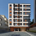 Modern Multi Storey Residential Building Exterior With Orange Black Windows And Wooden Entrance