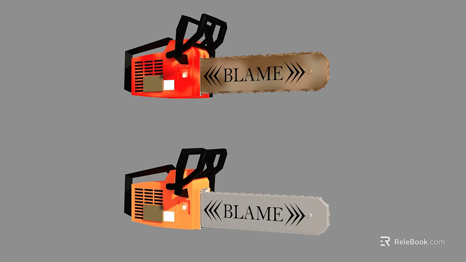 Two Red And Orange Chainsaw Weapons With BLAME Logo Design Features 3d model 