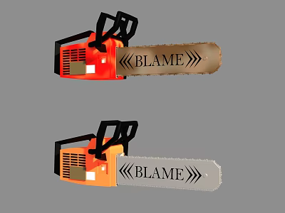 Two Red And Orange Chainsaw Weapons With BLAME Logo Design Features 3d model