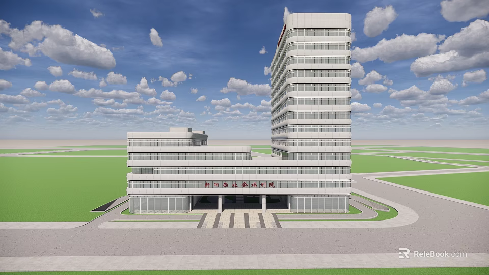 Modern Hospital Building Exterior With Tall Structure Low Rise Annex And Front Plaza 3d model 