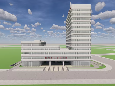 Modern Hospital Building Exterior With Tall Structure Low Rise Annex And Front Plaza 3d model