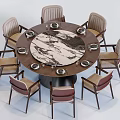 Round Dining Table Set with Marble Tabletop Eight Upholstered Chairs and Tableware 3d model