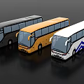 Three Modern Buses in Black Yellow White with Sleek Exterior and Blue Patterns