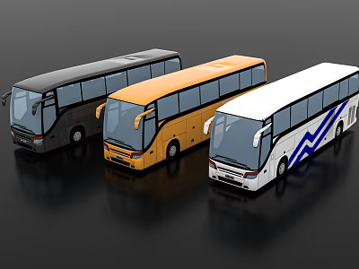 Three Modern Buses in Black Yellow White with Sleek Exterior and Blue Patterns 3d model