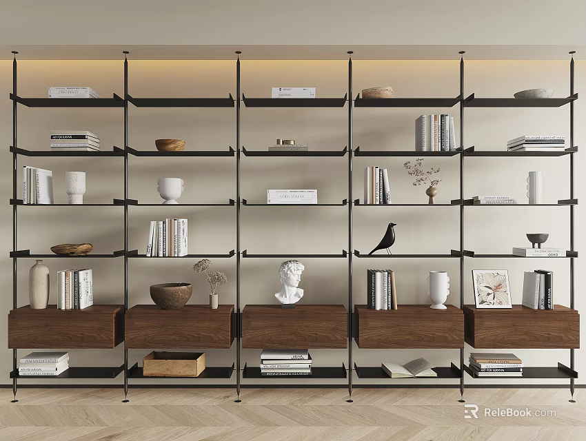 Modern Open Bookshelf With Metal Frame Wooden Drawers Books Decorative Items And Layered Lighting 3d model 