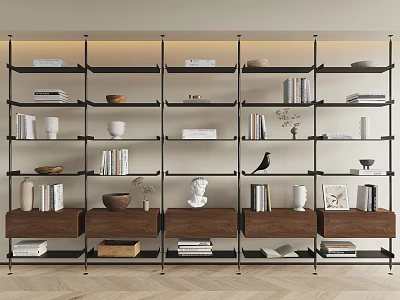 Modern Open Bookshelf With Metal Frame Wooden Drawers Books Decorative Items And Layered Lighting 3d model