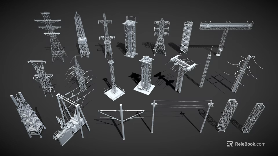 Various Types of Industrial Power Equipment Including Transmission Towers and Poles 3d model 