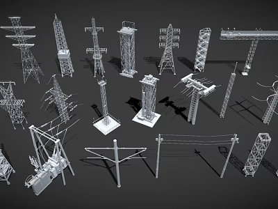 Various Types of Industrial Power Equipment Including Transmission Towers and Poles 3d model