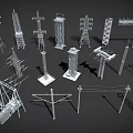 Various Types of Industrial Power Equipment Including Transmission Towers and Poles