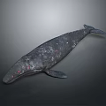 Detailed 3D Whale Model with Red and White Spots on Its Body Against Dark Background