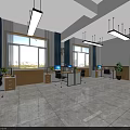 Public Office Space with Office Desks Computers Windows Blue Curtains Green Plants and Lockers