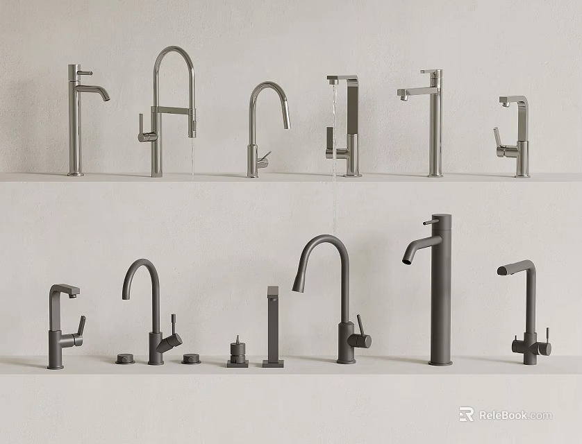 Various Modern Faucet Designs With Different Shapes And Metallic Finishes Displayed 3d model 