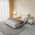 Modern Elegant Bedroom Interior With White Leather Headboard Gold Line Wall Decor And Gray Rug