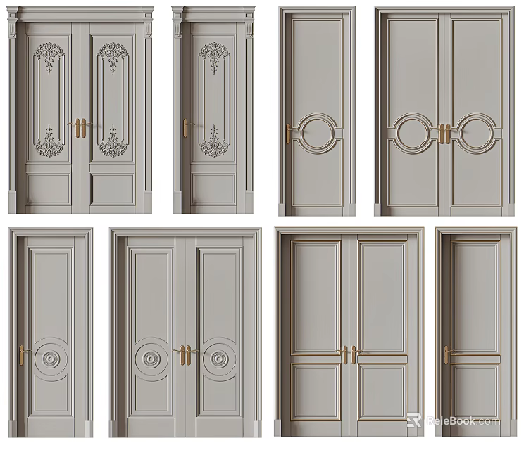 Elegant Double Doors With Decorative Panels And Golden Handles In Various Styles 3d model 