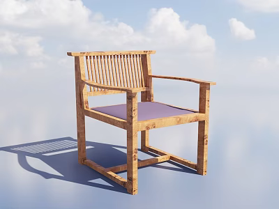 Wooden Outdoor Leisure Chair With Armrests And Purple Cushion Under Blue Sky White Clouds 3d model