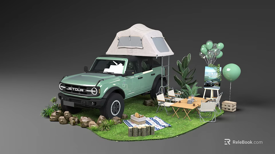 Green Bronco SUV With Roof Tent And Camping Setup Including Chairs Plants Balloons 3d model 
