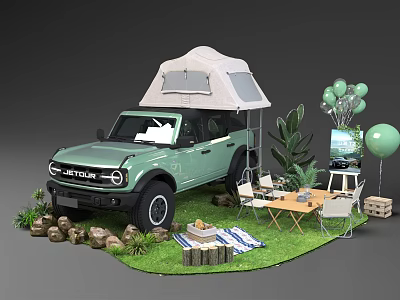Green Bronco SUV With Roof Tent And Camping Setup Including Chairs Plants Balloons 3d model