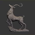 Silver Deer Shaped Sculpture With Intricate Patterns Curled Antlers And Decorative Base