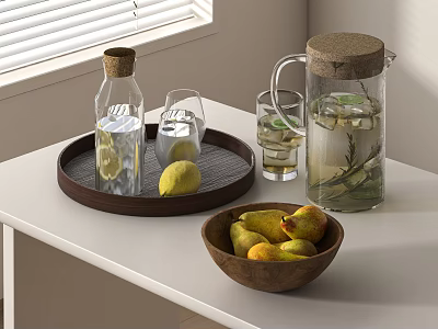 Glass Cups On Wooden Tray With Lemon Slices Cork Stopper Bottles And Fresh Pears 3d model