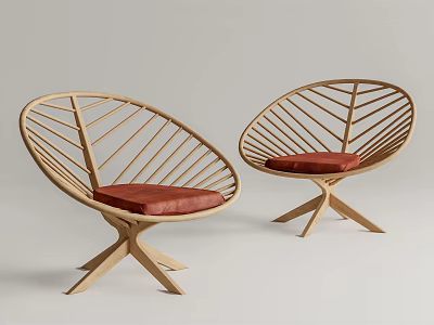 Leaf Shaped Wooden Leisure Chairs With Red Cushion And Crossed Legs 3d model