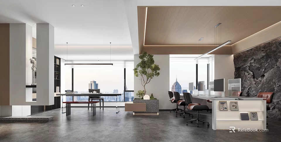 Modern Public Office Space With Large Windows City View Desks Chairs And Green Plant 3d model 