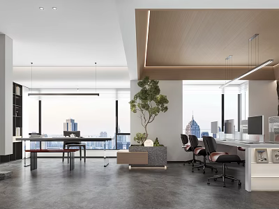 Modern Public Office Space With Large Windows City View Desks Chairs And Green Plant 3d model