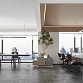 Modern Public Office Space With Large Windows City View Desks Chairs And Green Plant