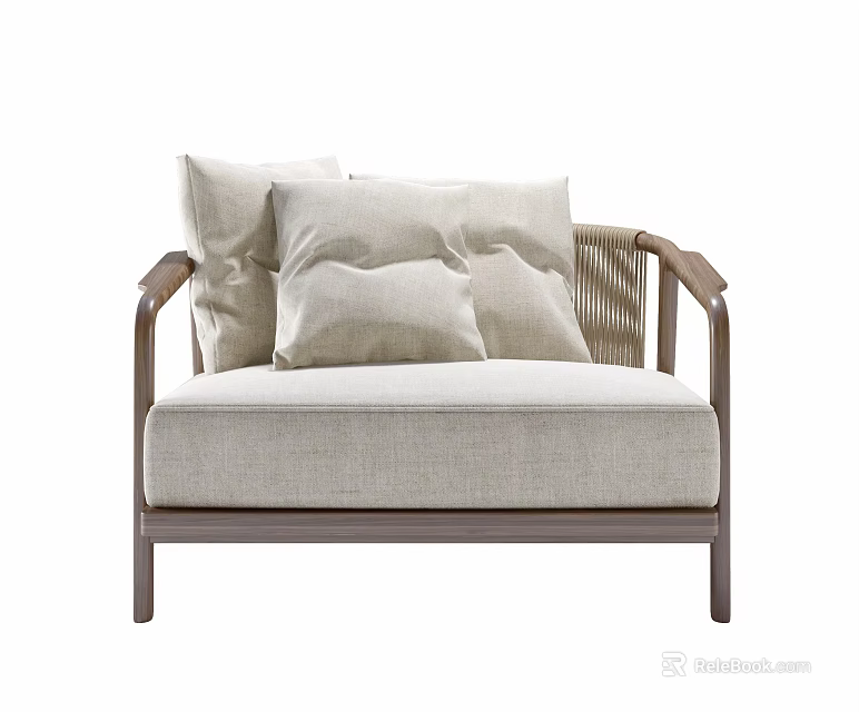 Modern Single Sofa With Wooden Armrests Rattan Panels And Light Beige Cushions 3d model 