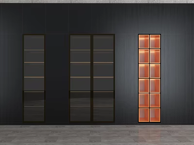 Modern Wine Cabinet Set With Black Glass Doors And Illuminated Orange Grid Design 3d model