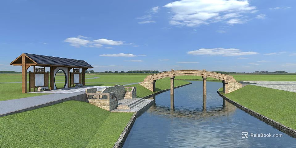 Garden Landscape Design Featuring Stone Arch Bridge River Green Lawn Pavilion And Blue Sky 3d model 