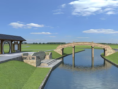 Garden Landscape Design Featuring Stone Arch Bridge River Green Lawn Pavilion And Blue Sky 3d model