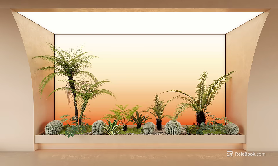 Indoor Window Sill Garden With Ferns Cacti And Green Plants Against Orange Sky 3d model 