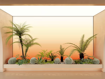 Indoor Window Sill Garden With Ferns Cacti And Green Plants Against Orange Sky 3d model