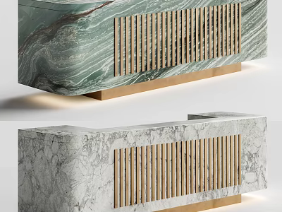 Modern Reception Desk With Marble Surface Wooden Slats And Golden Base Design 3d model