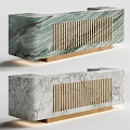 Modern Reception Desk With Marble Surface Wooden Slats And Golden Base Design