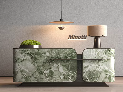 Elegant Minotti Reception Desk With Green Marble Surface Pendant Lamp Table Lamp And Small Plant 3d model