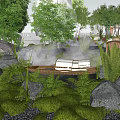 Garden Landscape with Thatched Umbrellas Lounge Chairs Steam Pool Rocks and Green Plants