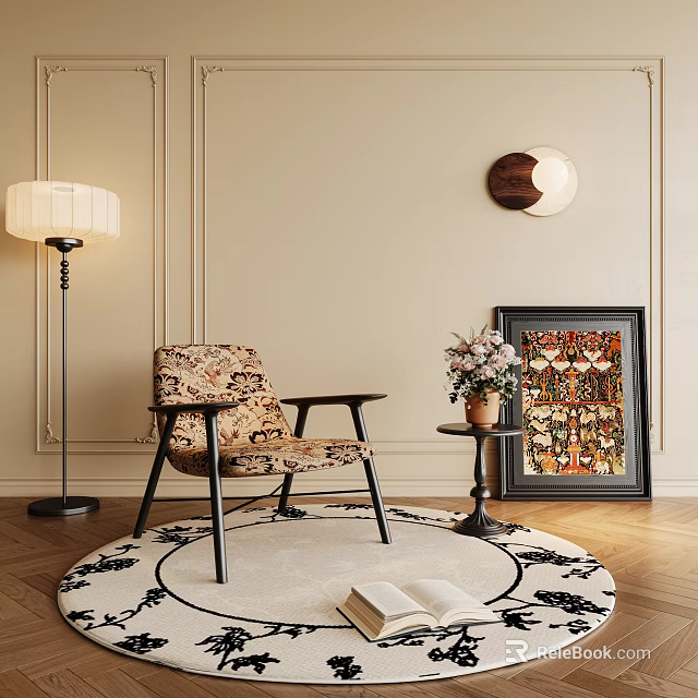 Vintage Patterned Leisure Chair In Living Space With Black Wooden Frame Round Rug And Side Table Lamp 3d model 