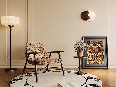 Vintage Patterned Leisure Chair In Living Space With Black Wooden Frame Round Rug And Side Table Lamp 3d model