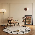 Vintage Patterned Leisure Chair In Living Space With Black Wooden Frame Round Rug And Side Table Lamp