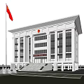 White Office Building With Red Flag And Cars Parked Surrounded By Trees And Green Lawn