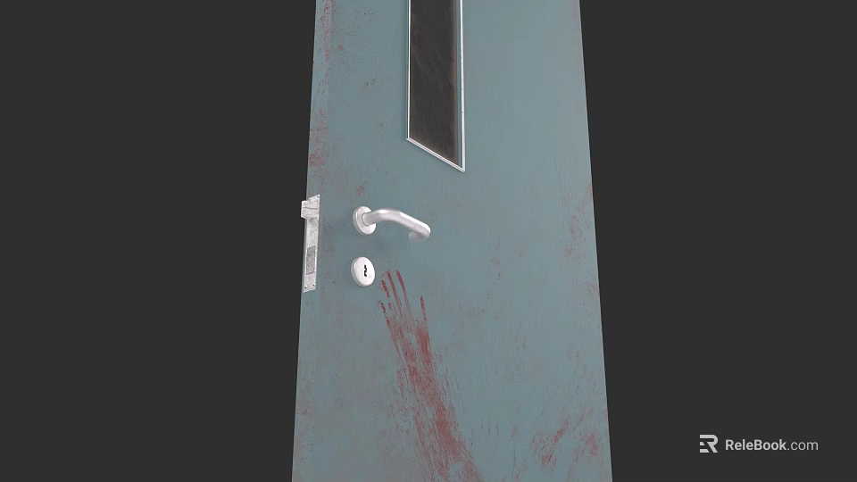 Teal Swing Door With Glass Panel White Handle And Red Surface Streaks 3d model 
