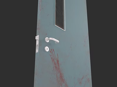 Teal Swing Door With Glass Panel White Handle And Red Surface Streaks 3d model