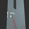 Teal Swing Door With Glass Panel White Handle And Red Surface Streaks