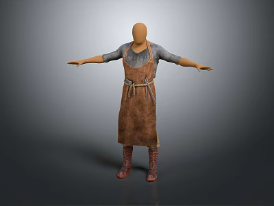 3D Model Game and Movie Character Wearing Long Sleeved Shirt Apron Boots with Arms Outstretched 3d model