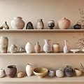 Ceramic Vessels On Multiple Shelves With Various Shapes Colors Jars Vases Bowls Decorative Plant Branches