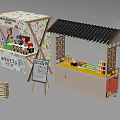 Public Outdoor Food Stalls With Traditional Roof Display Shelves Coffee Signage Bamboo Baskets And Barrels